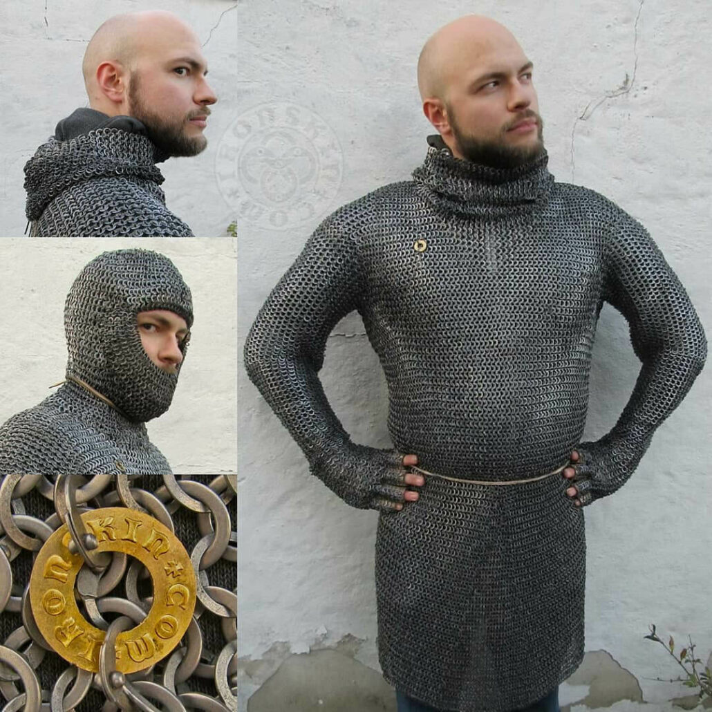 12th-century Hauberk with Laced Coif and fingertips free Gloves