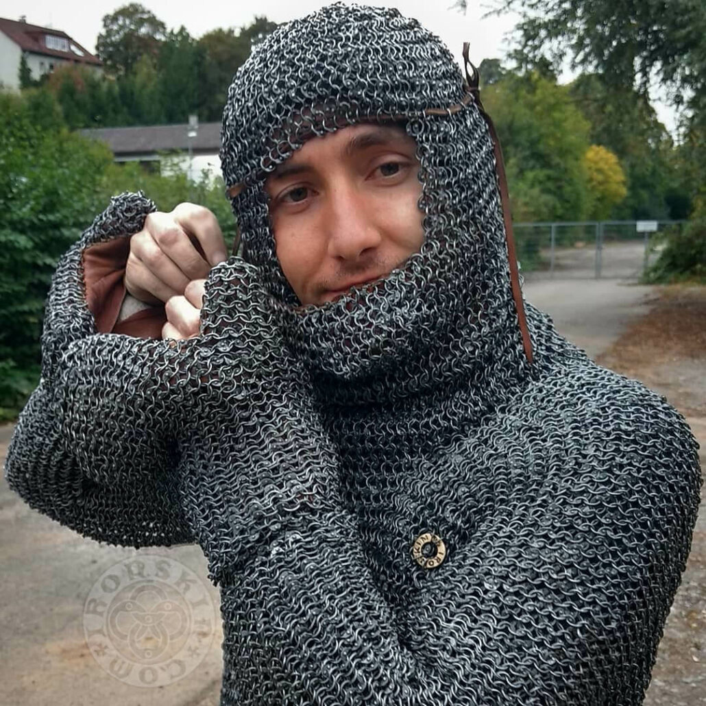 13th-century Hauberk with integrated mail mittens and coif with side ventail
